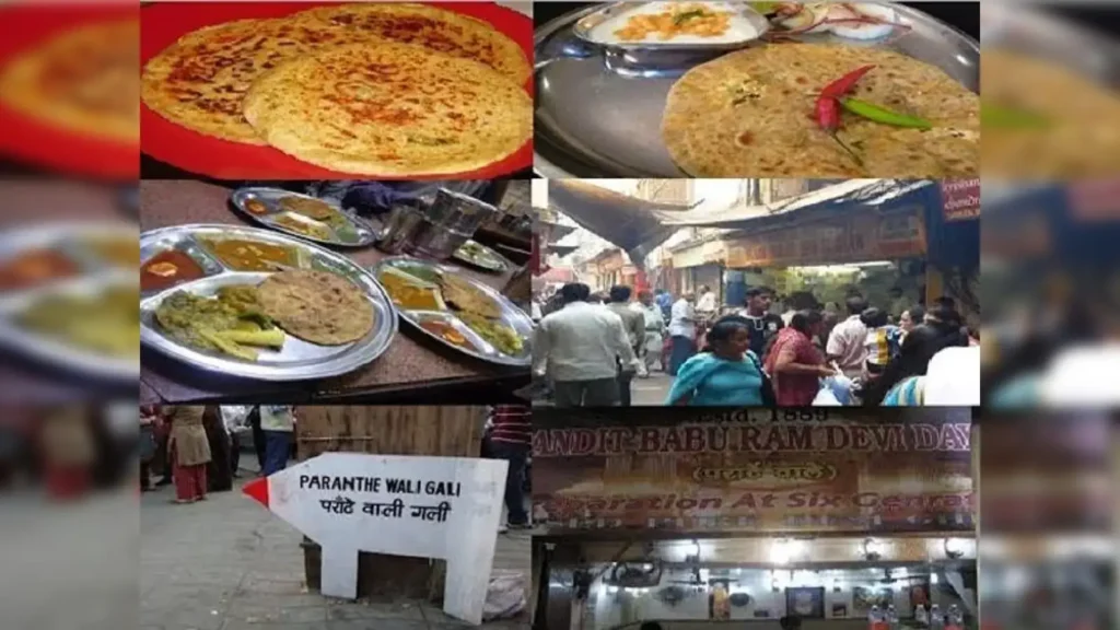 Collage of images from Paranthe Wali Gali in Chandni Chowk, Delhi, showing stuffed paranthas on plates, traditional thali meals, busy street scenes with food stalls, and a signboard pointing towards the famous food lane.