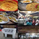 Collage of images from Paranthe Wali Gali in Chandni Chowk, Delhi, showing stuffed paranthas on plates, traditional thali meals, busy street scenes with food stalls, and a signboard pointing towards the famous food lane.